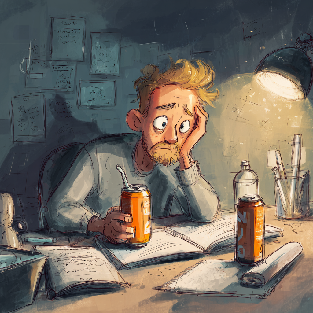 eine Zeichnung im Comicstil, die einen gestresst aussehenden Mann zeigt