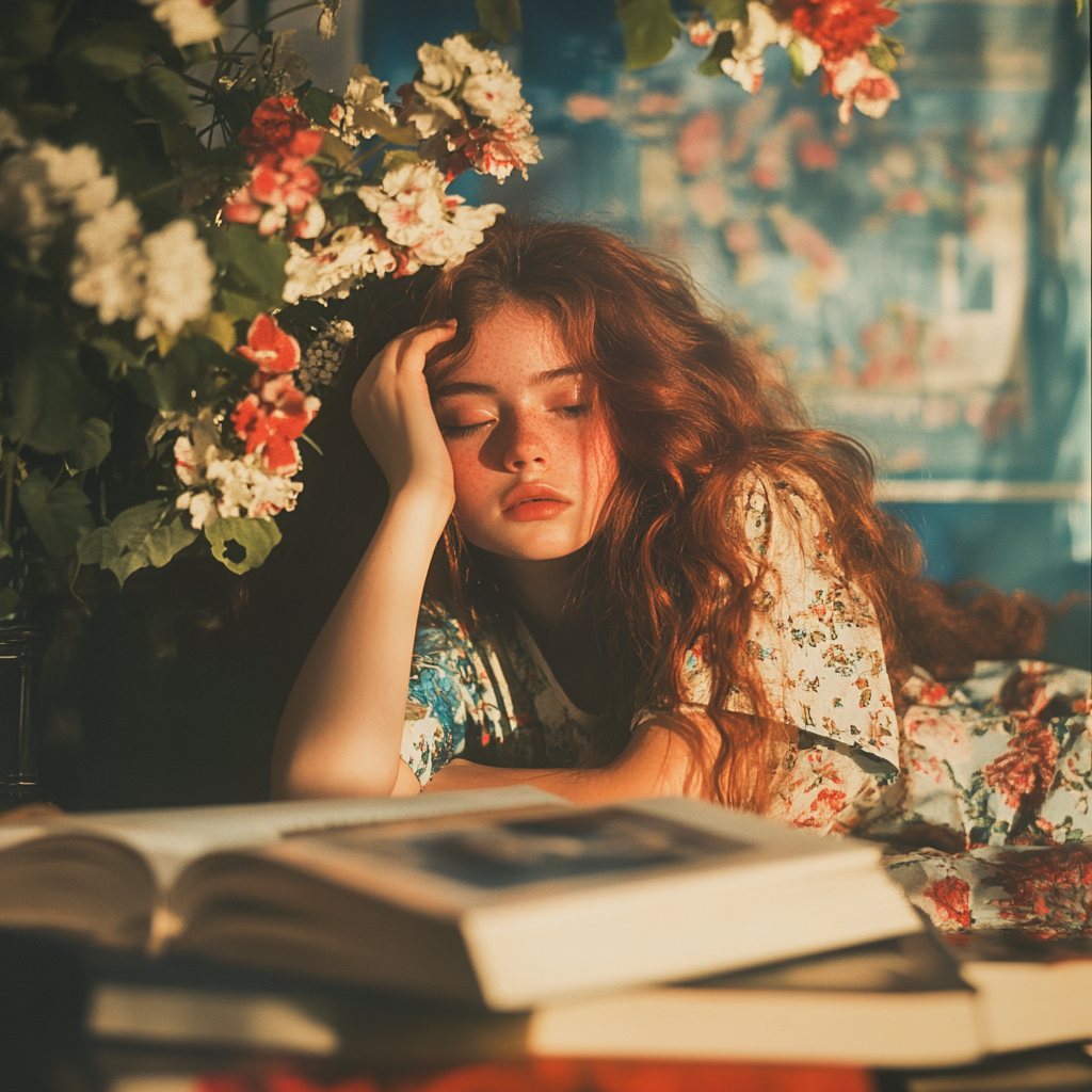 Eine Studentin lehnt mit geschlossenen Augen über ihren Büchern